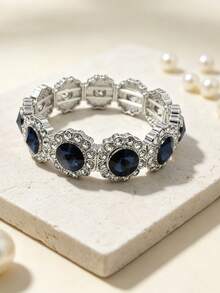 1PC Blue Round Fashionable Elastic Bracelet, Retro High-End Light Luxury Elegant Sparkling Rhinestone Women's Bracelet, Daily Wear Holiday Gift - Multicolor - View 8