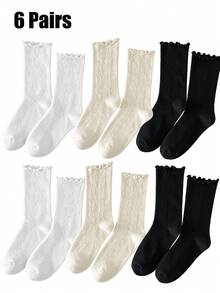 1/3/6 Pairs Women's Ruffle Hollow Diamond Knit Loose Mid-Calf Socks, Lightweight Breathable Cute - Multicolor - View 12