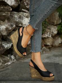 Sandal cao gót nữ mùa hè hở mũi, quai hậu, đế xuýt đế bệt bằng nút chai, có khóa cài - màu đen - Xem 8