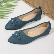 Women's Pointed Toe Flat Shoes With 3D Flower And Pearl Decor, Low Vamp Casual Shoes, Versatile Fashion Style - Peacock Blue - View 6