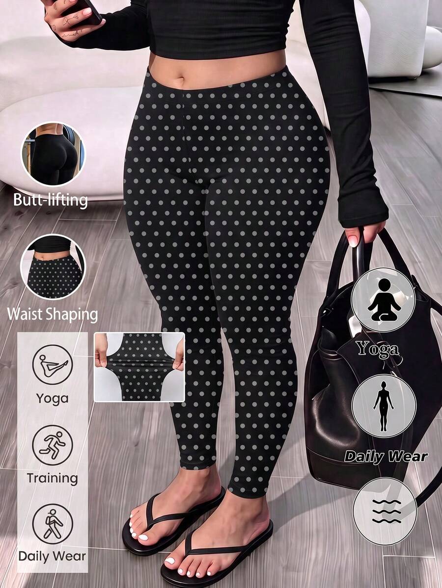 Plus Size Polka Dot Full Length Leggings | High Waisted Stretchy Tummy Control Yoga & Daily Wear Pants For Curvy Women | Fall Outfits