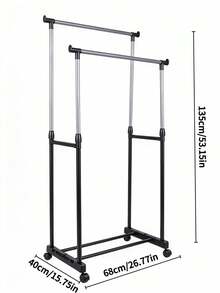1pc Double Rod Mobile Clothes Drying Rack With Wheels, Simple Freestanding Garment Rack For Indoor Clothes Hanging, Suitable For Bedroom, Balcony And Cloakroom Use - A - View 10