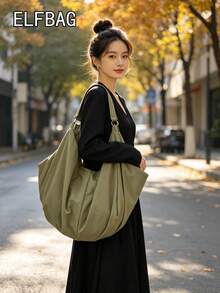 慵懶風百褶軟質托特包，大容量輕量尼龍單肩包，時尚休閒通勤女款斜跨包 - 橄欖綠 - 查看 8