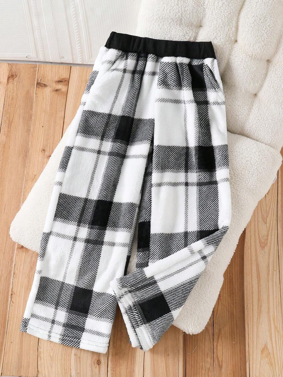1pc Autumn/Winter 8-12Y Kids Fleece Asymmetrical Print Long Pants, Casual Comfortable Student Trousers - Black and White - View 1