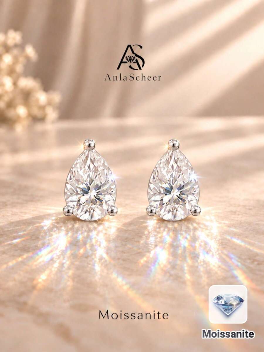 AnlaScheer 1pc S925 Sterling Silver Pear-Shaped Moissanite Flat Back Piercing Stud Earrings, Multiple Sizes, Silver Color Exquisite Jewelry For Women