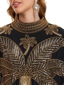 JINLICX Elegant Black Kaftan High Neck Cape-Style Maxi Dress With Gold Palm Tree Beaded Embellishments, Suitable For Formal Banquets - Black - View 7