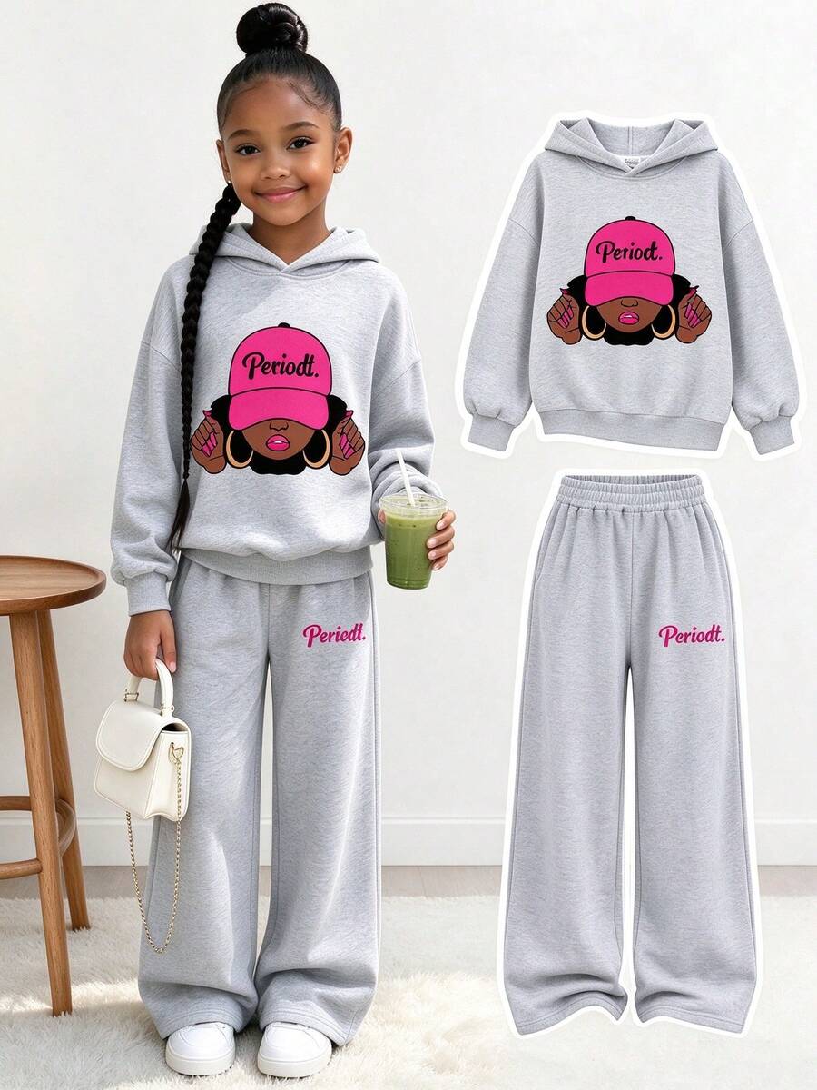 Girls 2-Piece Set, Periodt. Printed Hoodie + Solid Gray Wide Leg Elastic Waist Pants, Casual Daily Outfit For Tween Girls - Multicolor - View 1