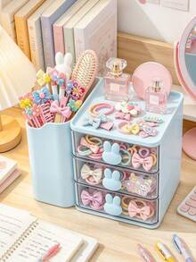 1pc Rabbit Head Desktop Storage Box Transparent Layered Drawer Style Student Pen Holder Sundries Hair Accessories Box Dormitory Stationery Organizer - Multicolor - View 6