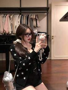 Sweet Girl Style Star Jacquard Minimalist Knit Cardigan Top, Slouchy Chic Versatile Autumn/Winter Knit Sweater Jacket For Women - Black - View 1