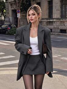 Women's Autumn/Winter Fashion Light Commute Solid Color Lined Oversized Padded Shoulder Wide Cuff Split Single-Breasted Mid-Length Long Sleeve Blazer & Low Waist Mini Skirt Set - Dark Grey - View 5