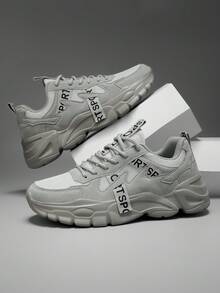 Light Gray Mesh Patchwork Men's Chunky Sneakers With Letter Webbing Decor, Thick Platform Sole, Retro Casual Lace-Up Everyday Wear Shoes - Light Gray - View 8