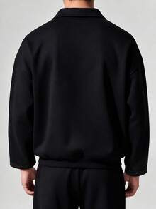 Men's Black Turn-Down Collar V-Neck Polo Sweatshirt, Minimalist Old Money Style Casual Loose Fit Pullover - Black - View 4