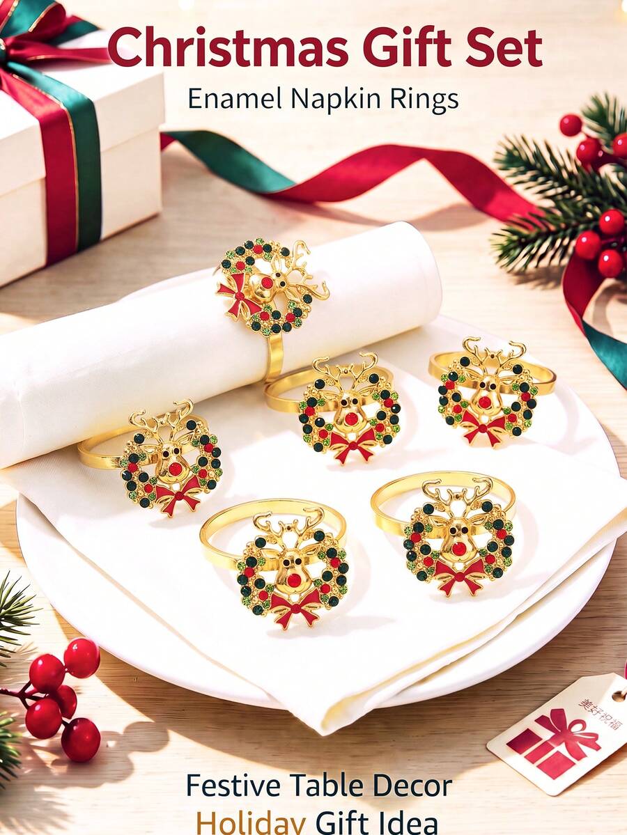 Tkvega • Home 12pcs Christmas Reindeer Wreath Napkin Rings, Christmas Napkin Rings And Napkins Set, Christmas Dinner Table Decor, Suitable For Room Decoration, Table Decor, Home Decor, Perfect For Christmas, Party, Birthday, Wedding And Dinner Buffet Table Elegant Minimalist Decoration - Multicolor - View 1