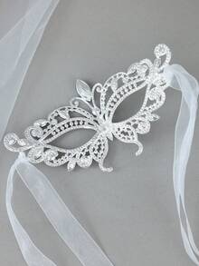 1pc Black Rhinestone & Gemstone Butterfly Mask White Ribbon Tassels Gothic Masquerade Party Photo Props Headpiece - Black - View 3