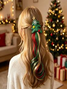 1pc Christmas Tree Shaped Colorful Hair Clip, Exquisite Hair Accessory For Women And Girls; Combines Christmas Tree, Bow, Five-Pointed Star And Gold Thread Elements To Create A Strong Holiday Atmosphere, Also Serves As A Braided Hair Decoration - Multicolor - View 2