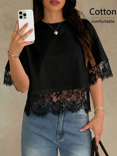 Camiseta de Algodão Puro Confortável Versátil com Patchwork de Renda Casual Street Vacation, Primavera/Verão Preto, Estilo Descomplicado, Chique & Elegante