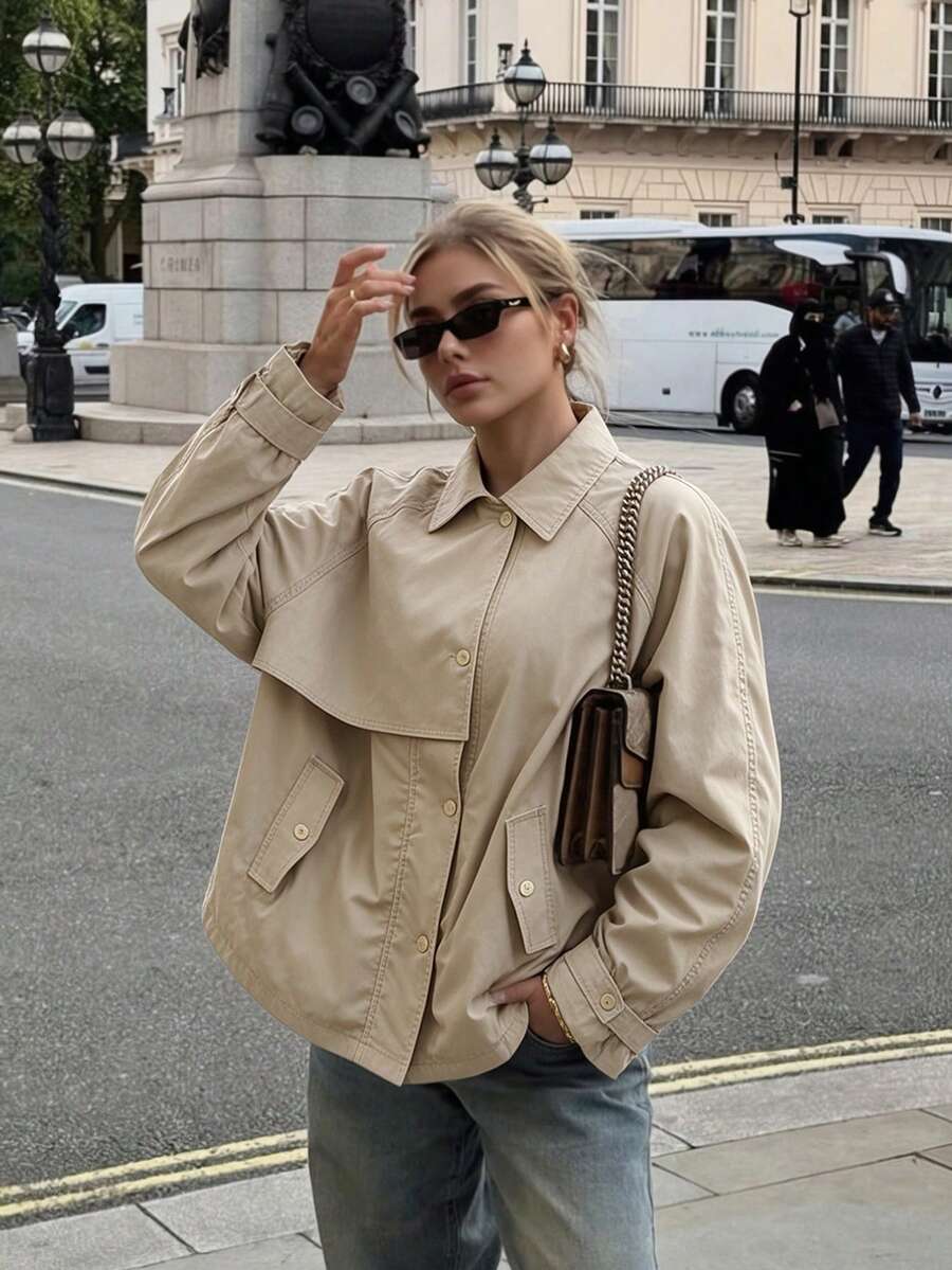 Women's Casual Beige Woven Fabric Regular Long Sleeve Jacket, Suitable For Autumn Daily Wear - Apricot - View 1