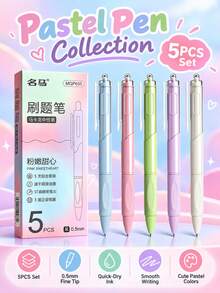 5pcs Macaron Color Series Retractable Gel Pen Set, 0.5mm Black Ink, Quick-Dry Smooth Writing, Comfortable Ergonomic Grip Design, Blue, Pink, Green, Purple, White 5-Color Barrel Combination, Fresh Girly Style Student Study Pen, Suitable For Exams, Learning Notes, Journaling, School And Office Supplies - Sets - View 8