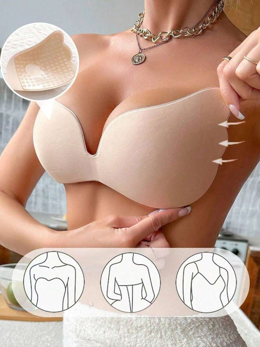1pc Women's Khaki Self-Adhesive Invisible Seamless Push-Up Bra Pads, Suitable For Wedding Photography - Multicolor - View 1