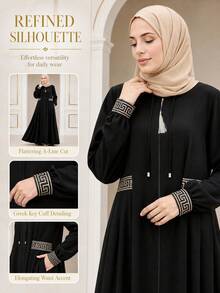 Women's Black Geometric Print Tassel Decor Front Zipper Long Sleeve Loose Fit Abaya Side Pockets Elegant Long Dress Fall - Black - View 5