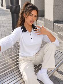 Women White Long Sleeve Polo Shirt With Black Contrast Collar Button Placket Casual Tennis Style Top For Daily Wear. - White - View 9