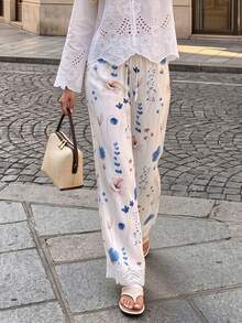 Women's Floral Print Wide-Leg Pants, Elastic Drawstring Waist, Lace Hem, White Flowy Lightweight Casual Beach Vacation Trousers - Multicolor - View 9