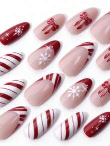 10Pcs Medium Almond Press On Nails Christmas Style Red Nude Snowflake Candy Cane Strip Bow Pattern Glossy Fake Nail Kit For Women Xmas Daily - Multicolor - View 3