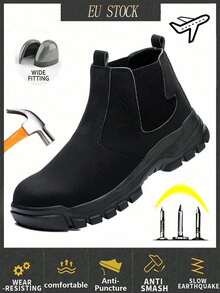 Men's Steel-Toe Work Boots, Anti-Smash Anti-Puncture, Slip-On Design For Easy On & Off, Light Footwear For Workshop, Warehouse, Construction - Black - View 1