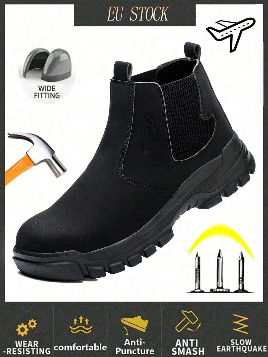 Men's Steel-Toe Work Boots, Anti-Smash Anti-Puncture, Slip-On Design For Easy On & Off, Light Footwear For Workshop, Warehouse, Construction - Black - View 1