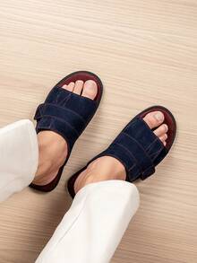Vintage Men's Outdoor Slippers With Cross Hook And Loop Design, Easy On/Off, Soft Fleece Lining, Foot Protection, Minimalist Style, Suitable For Daily Commute And Casual Wear - Blue-red - View 8