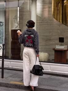 1pc Women's Black Washed Loose Hooded Sweatshirt, Red Rose Skull Vintage Gothic Streetwear Print On Back - Black - View 2