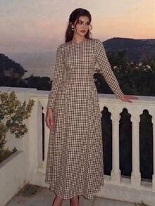 Dirp Noir Women's Autumn Vintage Plaid Round Neck Waist-Cinching Mid-Length Dress, Suitable For Commuting, Dating, Back-To-School Prom - Brown - View 3