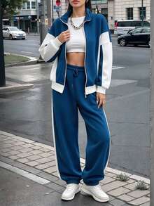2pcs/Set Color Block Patchwork Contrast Blue & White Design Casual Elegant Versatile Zip-Up Hoodie & Pants Set, Suitable For Sporty, Homewear, Office, Street, Commute, Spring/Autumn/Winter, Graduation, Back To School, Female Teacher Outfit, Loose Fit Sweatshirt And Sweatpants - Blue and White - View 6