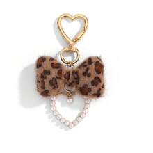 Heart-Shaped Leopard Print Bow Keychain With Pearl Heart Pendant, Vintage Bag Charm Accessory - A - View 5
