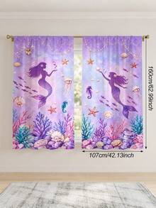 2件裝紫色美人魚印花窗簾，夢幻海洋主題半透明穿桿式窗飾，適用於客廳與臥室，不含窗簾桿，可機洗 - 美人魚 - 查看 13