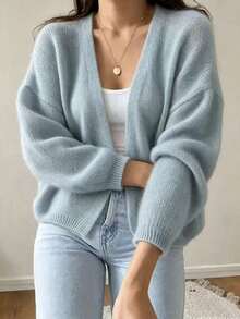 Women's Spring/Autumn/Winter Pink Basic Minimalist Long Sleeve V-Neck Front Open Cardigan, Solid Color Knit Sweater, Soft Casual Daily Wear - Blue - View 2