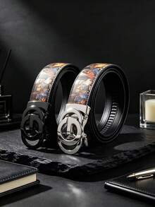 Men's Belt, Letter G Alloy Automatic Buckle, Last Supper Print PU Strap, 47.2 Inch Cuttable Length, 3 Colors Gold/Silver/Black, Daily Clothing Accessory, Ideal Gift For Men - Multicolor - View 1