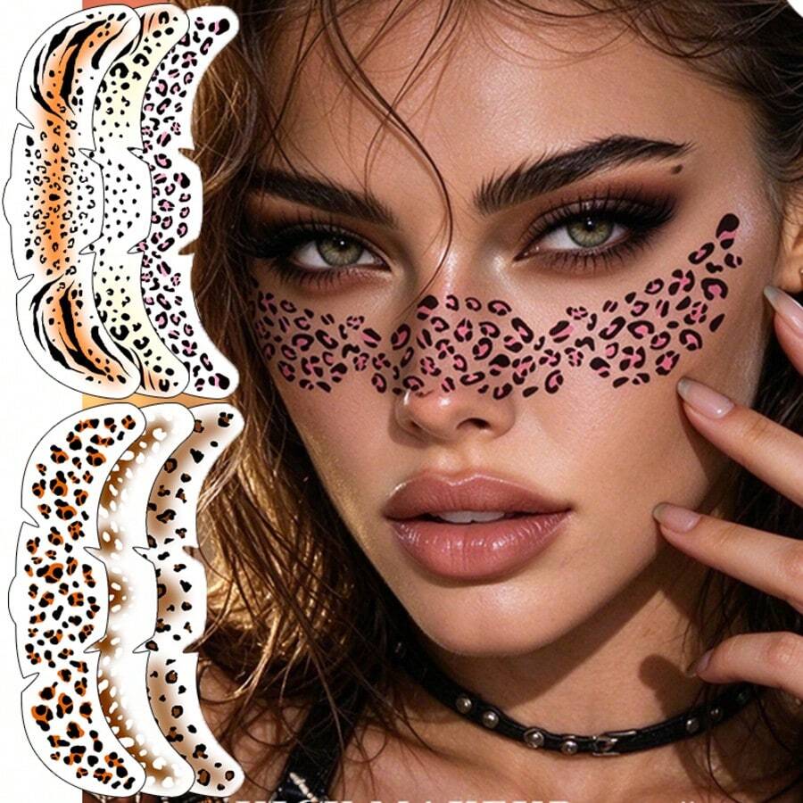 6 Sheets Leopard Freckle Eye Temporary Face Tattoo Stickers, Multi Style Cheetah Spot Facial Eye Decor Stickers, Waterproof Self-Adhesive Fake Spot Tattoos, Animal Body Makeup Tattoos For Party, Holiday Cosplay, Rave Music Festival, Fake Tattoos
