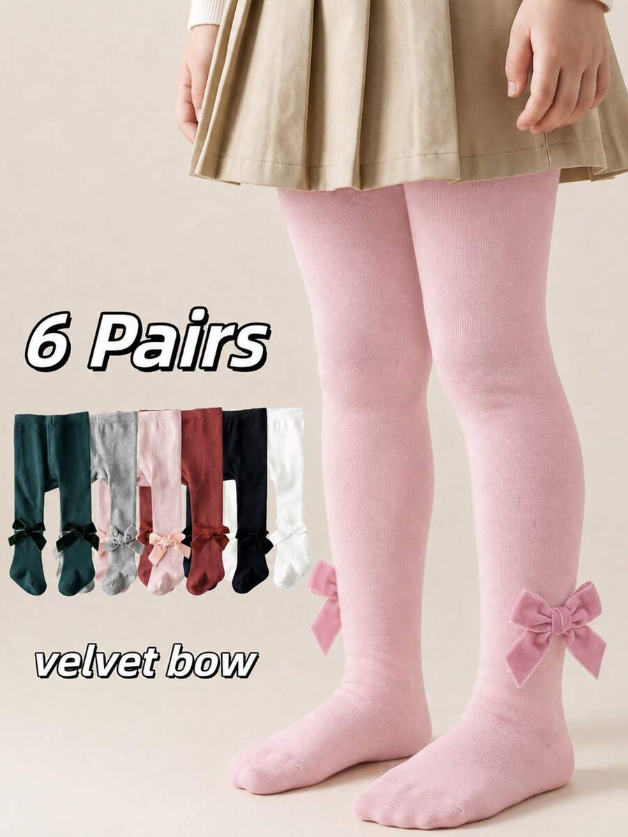 6 Pairs Velvet Bow Vertical Striped Kids Socks, Cute Baby Tights, Colorful Candy Color Flat Girls Tights - Multicolor - View 1