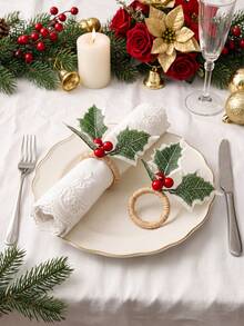 4-12pcs Christmas Holly Red Berry Napkin Rings, Natural Woven Vine Rings, Holiday Table Decor Napkin Holders - Multicolor - View 9