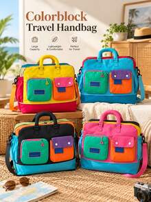 1pc Vibrant Colorblock Nylon Rectangular With Multiple Front Pockets And Adjustable Strap Large Capacity Luggage Organization Travel Duffel Bag Weekender Overnight Bag For Women Gym Workout Short Trip Summer Vacation Or Back To School Christmas Gift - Multicolor - View 8