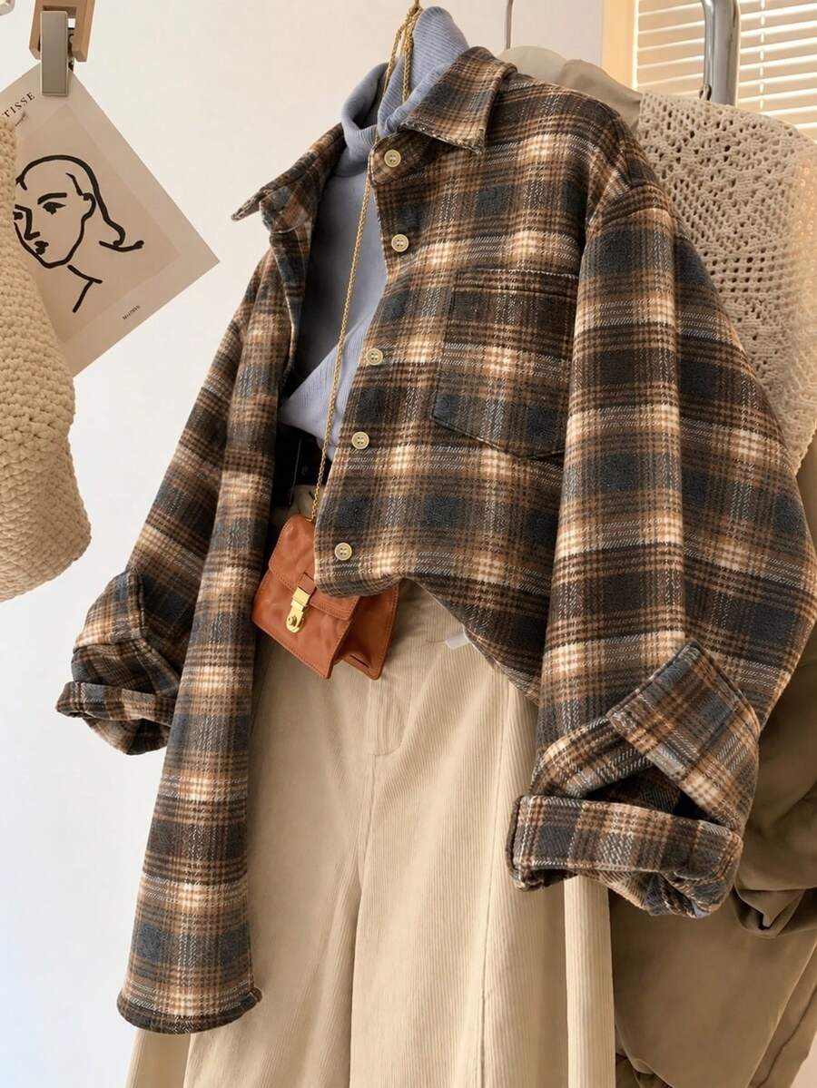 YUXIN 女款美式復古棕色刷毛厚格紋長袖襯衫，寬鬆慵懶百搭羊毛混紡刷毛襯衫外套，適合秋冬