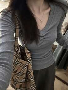Women's Grey V-Neck Long Sleeve Pure Cotton Top, Autumn/Winter Regular Fit Mid-Stretch Slim T-Shirt - Light Grey - View 3