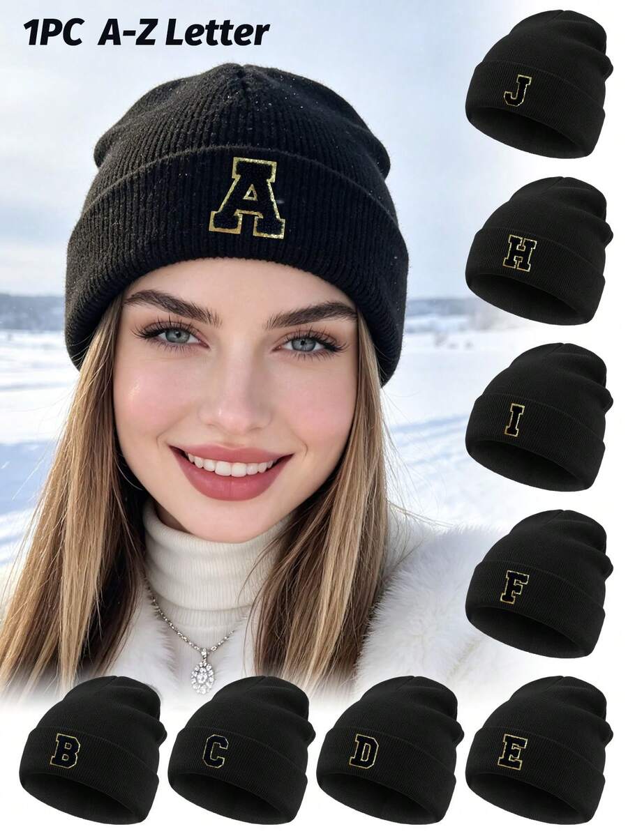 Women's Black Ribbed Cuff Knit Hat (With A-Z Gold Letters), Soft Knit Fabric, Versatile Warm Windproof Winter Knit Hat - Black - View 1