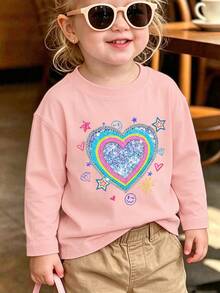 1pc Baby Girl Cute Long Sleeve T-Shirt, Rainbow Heart Print, Soft Fabric, Casual Top - Pink - View 7