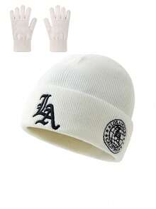 1/2pcs Unisex Winter Thermal Lined Knit Beanie With Gloves, Vintage LA Letter Embroidery, Suitable For Daily Wear, Windproof Ear Protection - Multicolor - View 6