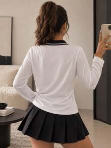 Women White Long Sleeve Polo Shirt With Black Contrast Collar Button Placket Casual Tennis Style Top For Daily Wear. - White - View 7
