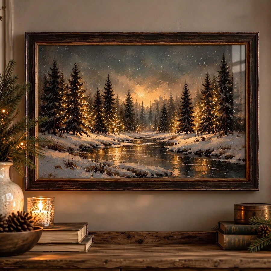1件裝 Winter Glow 雪林風景藝術版畫，舒適冬季牆面藝術，聖誕老人 Yuletide 聖誕節主題，帆布牆飾，熱門冬季農舍風帆布海報，適合現代居家裝飾、房間、客廳、浴室、廚房、居家裝飾 - J - 查看 1