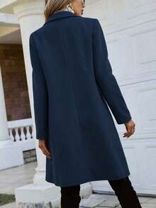 Xana Solid Color Double-Breasted Side Pocket Suit Lapel Long-Sleeved Mid-Length Straight Woolen Coat Autumn And Winter Workplace Commuter Style Casual - Navy Blue - View 6