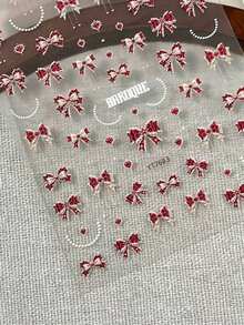 1pc Vintage Burgundy Bow Nail Sticker, Embossed 3D Craft, With Pearl Heart Pendant Pattern, Thin Easy-To-Apply, DIY Wearable Nails, Versatile Decoration For Nail Salon - Multicolor - View 4